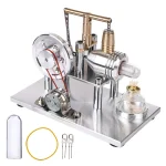 Motor Stirling industrial com componentes metálicos, pistão, volantes e tubos de vidro, usado para demonstrações científicas e educativas.