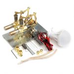 Componentes de um kit de ciência com lâmpada, fios, peças metálicas e acessórios de montagem.