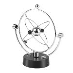 Modelo de pêndulo de Newton com esferas metálicas suspensas por fios finos, exibindo movimento de transferência de energia.