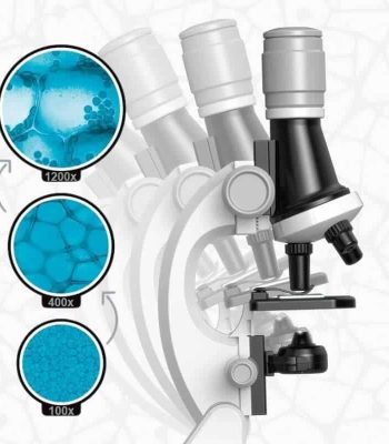 Microscópio com três objetivos, mostrando aumentos de 100x, 400x e 1200x, com imagens de células e estruturas biológicas.