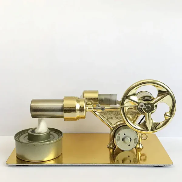 Motor Stirling em miniatura com roda de transmissão, cilindro e base metálica, usado para demonstrações educativas de energia térmica.
