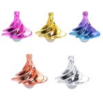 Conjunto de cinco piões giroscópios em cores rosa, dourado, azul, cobre e prateado, com design espiral e base de metal.
