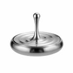 Pião giroscópio de metal com base circular, mostrando o eixo central e o movimento de rotação.