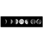 Sequência de imagens mostrando as diferentes fases da Lua, desde a Lua Nova até à Lua Cheia, em tons de preto e branco.