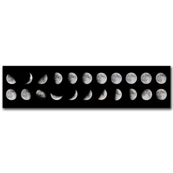 Sequência de imagens mostrando as diferentes fases da Lua, desde a nova até à cheia, em um fundo preto.