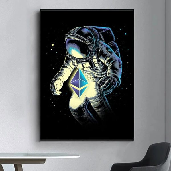 Ilustração de um astronauta de estilo cartoon a flutuar no espaço com o símbolo Ethereum brilhante na mão.