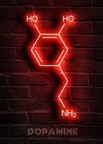 Ilustração de molécula de dopamina em neon vermelho, com grupos OH e NH2, destacada numa parede de tijolos vermelhos.
