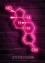 Molécula de estrogénio representada por neon rosa, com anéis aromáticos e grupos hidroxilo, sobre parede de tijolos roxos.