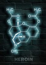 Ilustração de uma molécula de heroína com ligações químicas, destacando grupos funcionais e estrutura molecular, sobre fundo de parede de tijolos escuros.