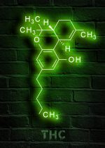 Representação de uma molécula de THC em luz de néon verde contra parede de tijolos escuros, destacando ligações químicas e grupos funcionais.