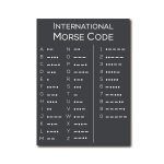 Quadro com tabela do Código Morse, mostrando letras e números com pontos e traços, usado para ensino de comunicação codificada.