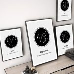 Quatro quadros com desenhos de constelações de Áries, Leão, Capricórnio e Escorpião em fundo preto e branco, com nomes e características de cada signo.