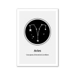 Ilustração da constelação de Áries com estrelas brancas e linhas conectando-as, fundo preto, com descrição do signo e características.