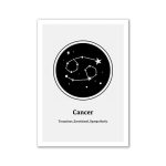 Ilustração do signo de Câncer com constelações, estrelas e símbolos astrológicos, em fundo preto e branco, com descrição do signo.