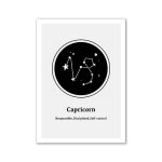 Ilustração do signo de Capricórnio com estrelas e linhas que formam o símbolo, fundo preto com detalhes brancos, texto explicativo.