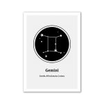 Ilustração do signo Gêmeos com estrelas e linhas conectando-os, nome do signo e características gentil, afetuoso, curioso.