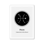 Ilustração de constelações formando o símbolo de Peixes, com estrelas e linhas conectando-as, em fundo preto e branco.
