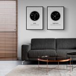 Quadros com constelações de Áries e Sagitário, detalhes de estrelas e linhas de conexão, em molduras pretas sobre parede branca.