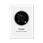 Ilustração do símbolo do escorpião com estrelas e linhas que representam a constelação, em fundo preto e branco.