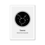 Ilustração da constelação de Touro com estrelas conectadas, nome e características do signo, em fundo preto e branco.