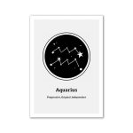 Ilustração de constelações de Aquário com estrelas e linhas conectando-as, em fundo preto e branco, com o nome 'Aquarius' e características do signo.