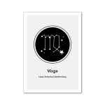 Ilustração de constelações formando o símbolo de Virgem, com estrelas e linhas conectando-as, em fundo preto e branco.