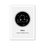 Ilustração do signo de Libra com estrelas e linhas que conectam as constelações, em fundo preto e branco, com texto explicativo.