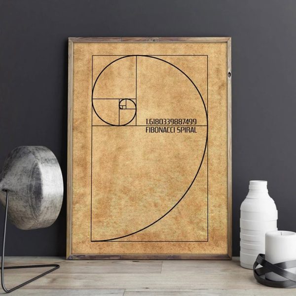 Quadro com representação da espiral de Fibonacci, mostrando o padrão matemático em uma folha de papel envelhecida, com linhas e números que ilustram a sequência.