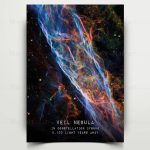 Imagem de uma nebulosa colorida com filamentos de gás azul, vermelho e verde, em espaço profundo, com estrelas brilhantes ao fundo.