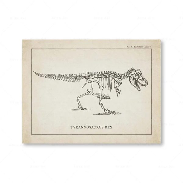 Esqueleto de Tyrannosaurus Rex desenhado em estilo científico, mostrando detalhes do crânio, costelas e patas traseiras, em uma página de livro de paleontologia.