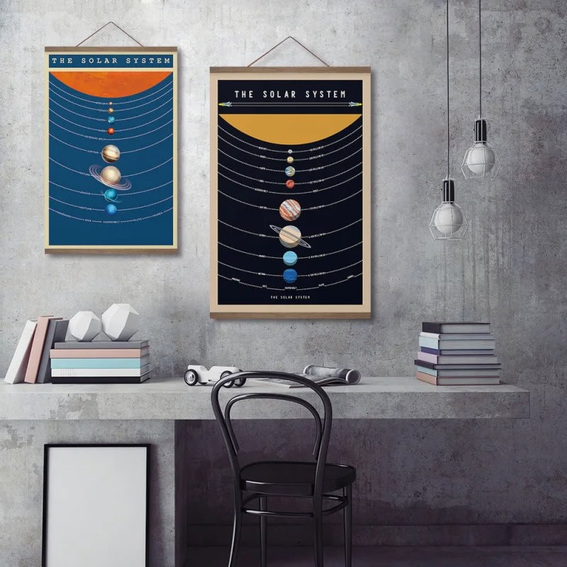 Dois cartazes do sistema solar com diferentes esquemas e cores, pendurados numa parede de cimento, com iluminação moderna e uma secretária com livros e objetos decorativos.