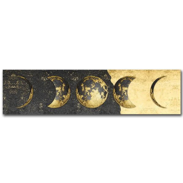 Fases da lua em relevo dourado, mostrando as diferentes fases desde a lua nova até à lua cheia, com detalhes em relevo e acabamento dourado.