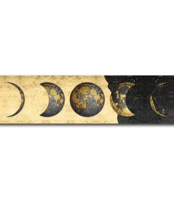 Sequência de fases lunares em relevo dourado, do crescente à lua nova, com detalhes texturizados e acabamento brilhante.