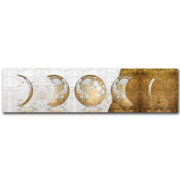 Fases da lua em relevo dourado, mostrando a lua nova, crescente, cheia e minguante em diferentes ângulos e detalhes.