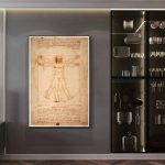 Reprodução do desenho de Leonardo da Vinci do Homem de Vitrúvio, com detalhes do esboço e anotações ao redor, em tom envelhecido.