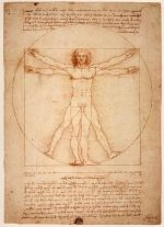 Esboço do Homem de Vitrúvio de Leonardo da Vinci, mostrando proporções humanas e simetria, com notas manuscritas acima e abaixo da ilustração.