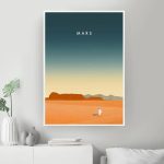 Ilustração de Marte com céu estrelado, deserto vermelho e uma figura de astronauta ao solo.