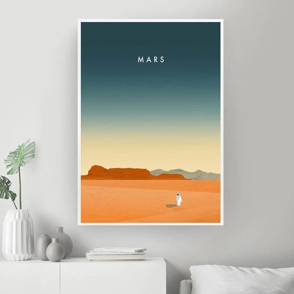 Ilustração de Marte com céu estrelado, deserto vermelho e uma figura de astronauta ao solo.