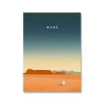 Ilustração de Marte com céu azul, horizonte rochoso e um astronauta na superfície vermelha do planeta.