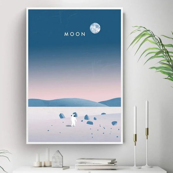 Ilustração artística da superfície da Lua com astronauta, rochas e céu estrelado com a Lua visível.