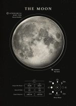 Imagem detalhada da Lua com informações sobre órbitas, diâmetro, raio, temperatura média e fases da lua, com fundo estrelado.