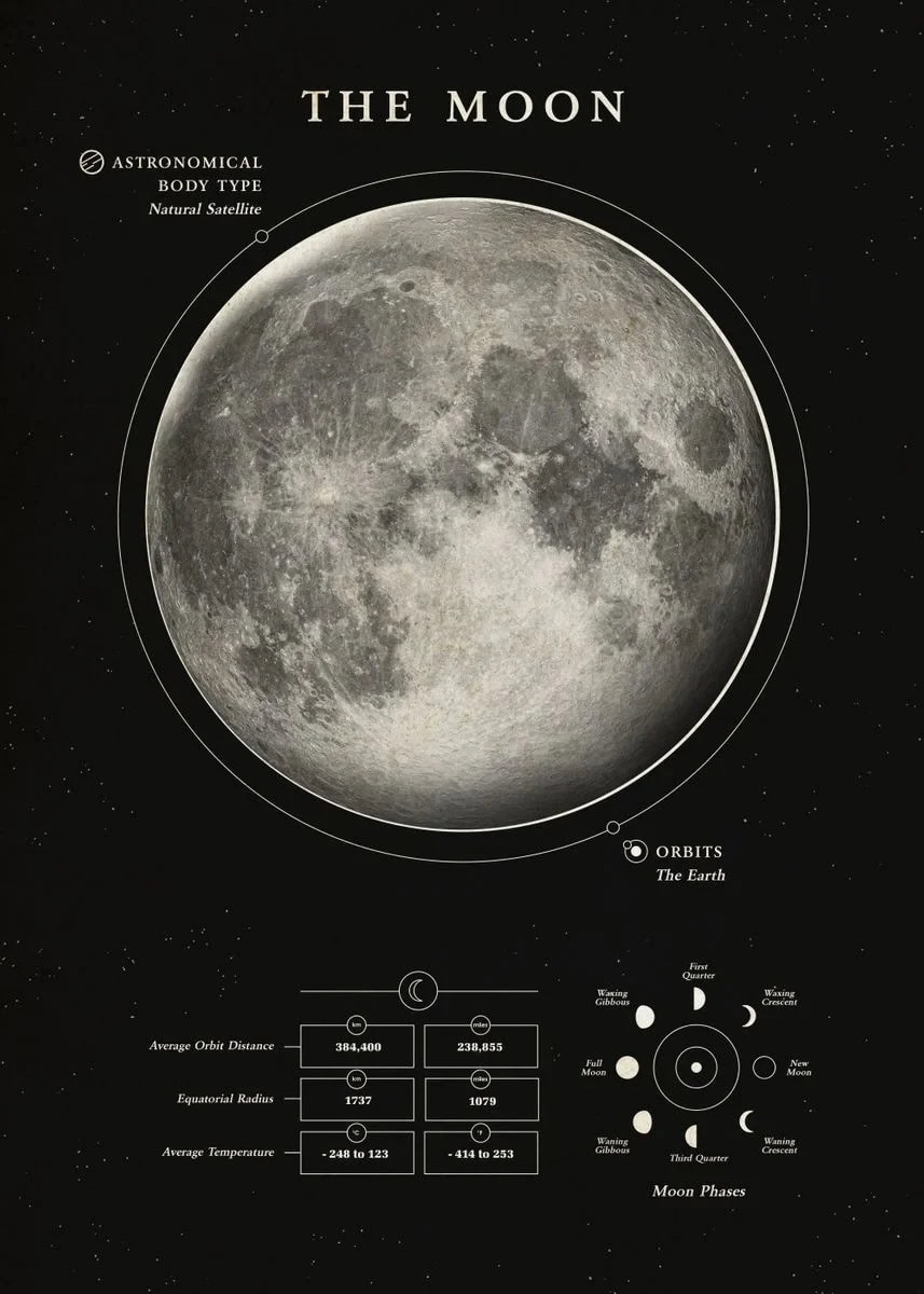 Imagem detalhada da Lua com informações sobre órbitas, diâmetro, raio, temperatura média e fases da lua, com fundo estrelado.