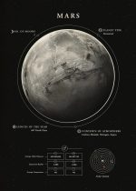 Ilustração detalhada de Marte mostrando características como número de luas, tipo de planeta, atmosfera, diâmetro orbital, raio orbital, temperatura média e sistema solar.