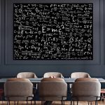 Quadro-negro com várias equações matemáticas e físicas escritas em giz branco, em sala de aula moderna.