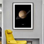 Cartaz de Saturno com anéis visíveis, fundo preto, nome 'SATURN' na parte inferior.
