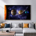 Ilustração do sistema solar com planetas e o Sol, em cores vibrantes, em fundo estrelado, ideal para decoração educativa.