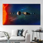 Painel decorativo do sistema solar com planetas e o Sol, em fundo estrelado, em sala moderna com sofá branco e mesa de café.