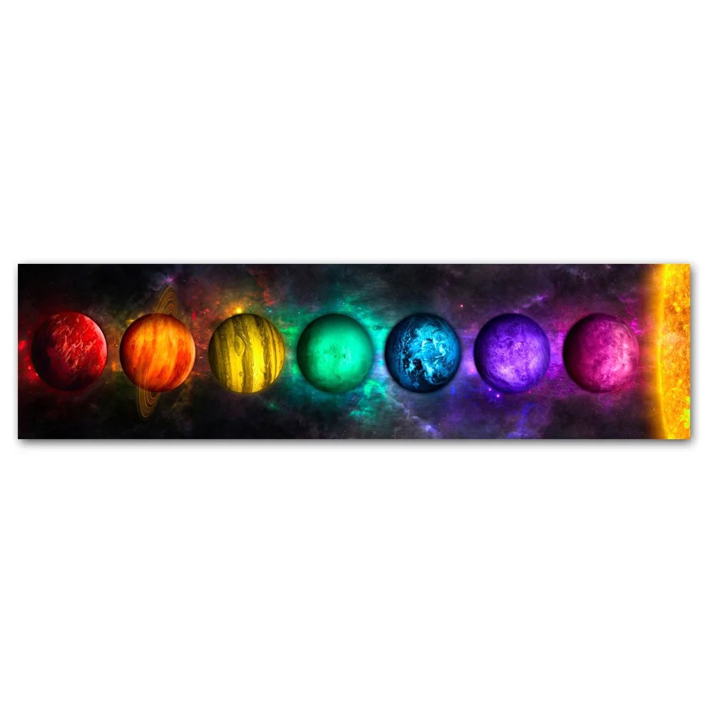 Representação artística do sistema solar com planetas coloridos em fundo cósmico escuro, destacando os diferentes tamanhos e cores de cada planeta.