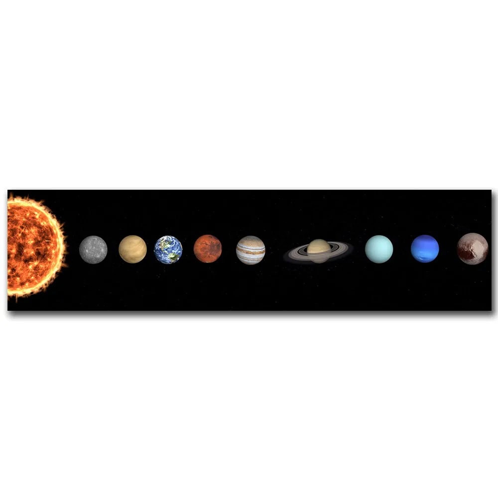 Modelo do sistema solar com os planetas alinhados, incluindo o Sol, Mercúrio, Vénus, Terra, Marte, Júpiter, Saturno, Urano, Netuno e Plutão, em escala e detalhe.