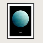 Ilustração de Urano com fundo preto, destacando a cor azul e detalhes do planeta.